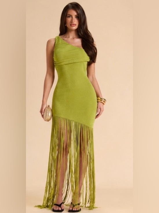 SHEIN Dresses & Skirts - Olive Green Draped Fringe Maxi Dress Size S NWT